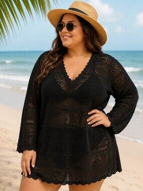 Cotton Roads Plus Size Long Sleeve Black Crochet V-Neck Cotton Swim Cover-Up 3X